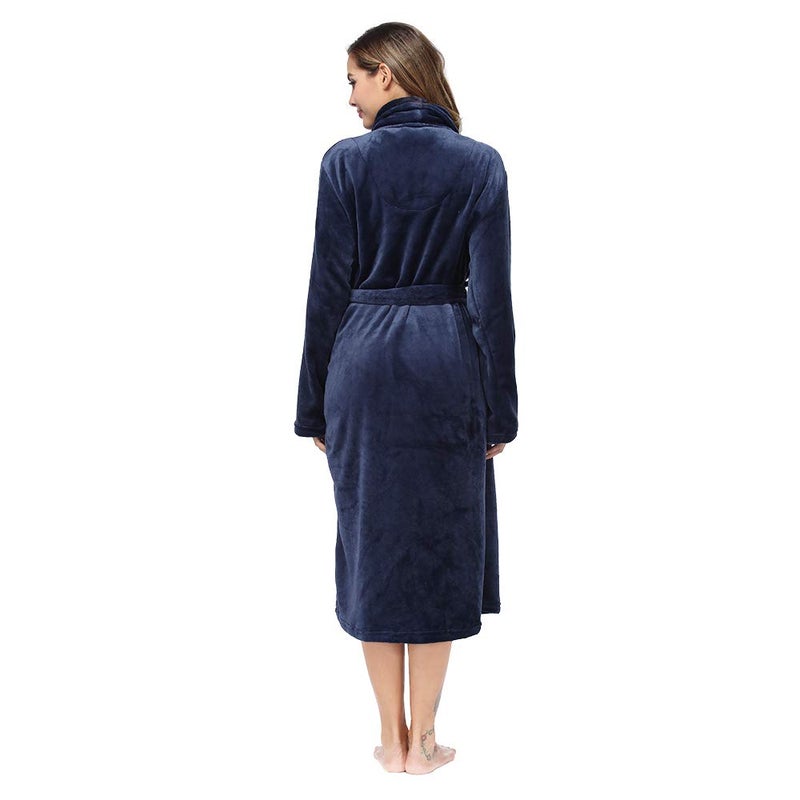 RONGTAI Womens Bathrobe Ladies Fleece Plush Warm Long Robes (Medium,Navy Blue) - Image 2